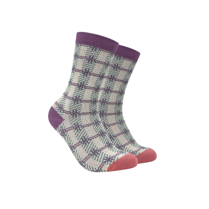 Women's mid calf socks - Vintage purple with lovely checked print pile socks - Mesa Socks