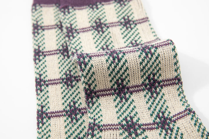 Women's mid calf socks - Vintage purple with lovely checked print pile socks - Mesa Socks