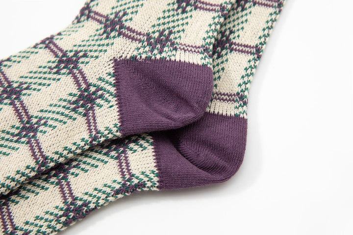 Women's mid calf socks - Vintage purple with lovely checked print pile socks - Mesa Socks