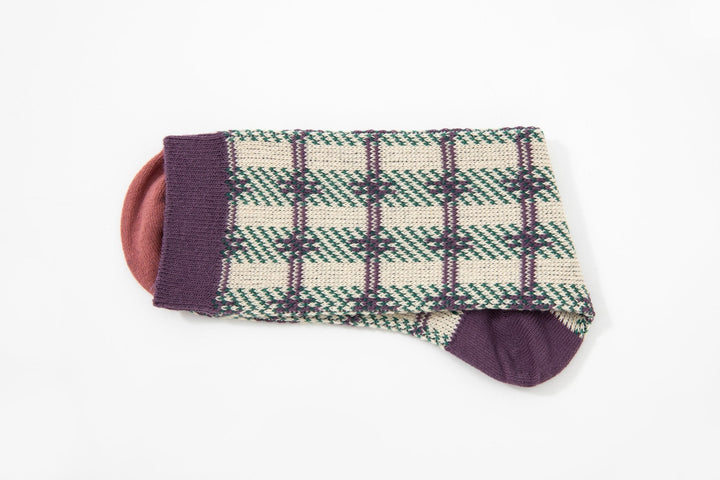 Women's mid calf socks - Vintage purple with lovely checked print pile socks - Mesa Socks