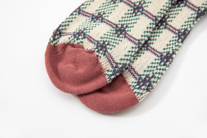 Women's mid calf socks - Vintage purple with lovely checked print pile socks - Mesa Socks