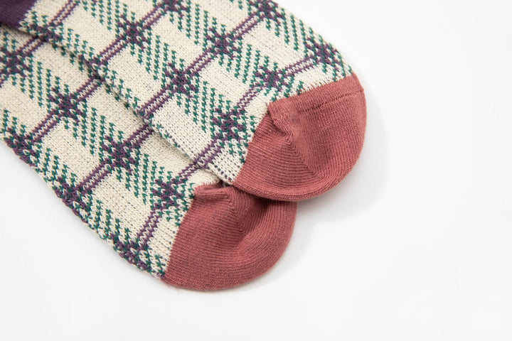 Women's mid calf socks - Vintage purple with lovely checked print pile socks - Mesa Socks