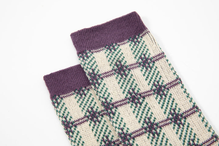 Women's mid calf socks - Vintage purple with lovely checked print pile socks - Mesa Socks