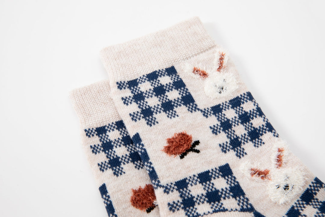 Women's crew socks - Blue and white color with cute rabbit socks - Mesa Socks