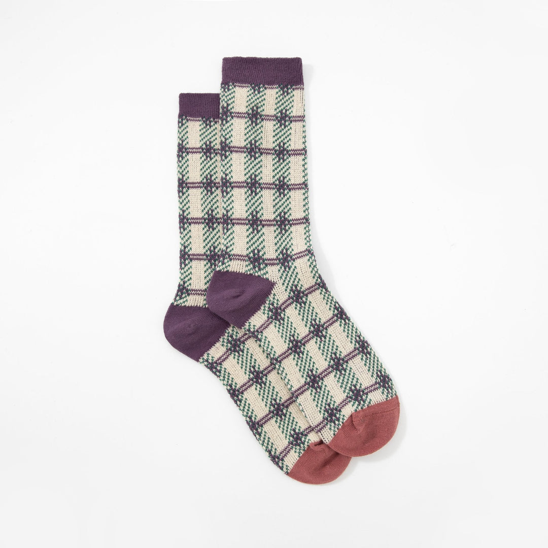 Women's mid calf socks - Vintage purple with lovely checked print pile socks - Mesa Socks